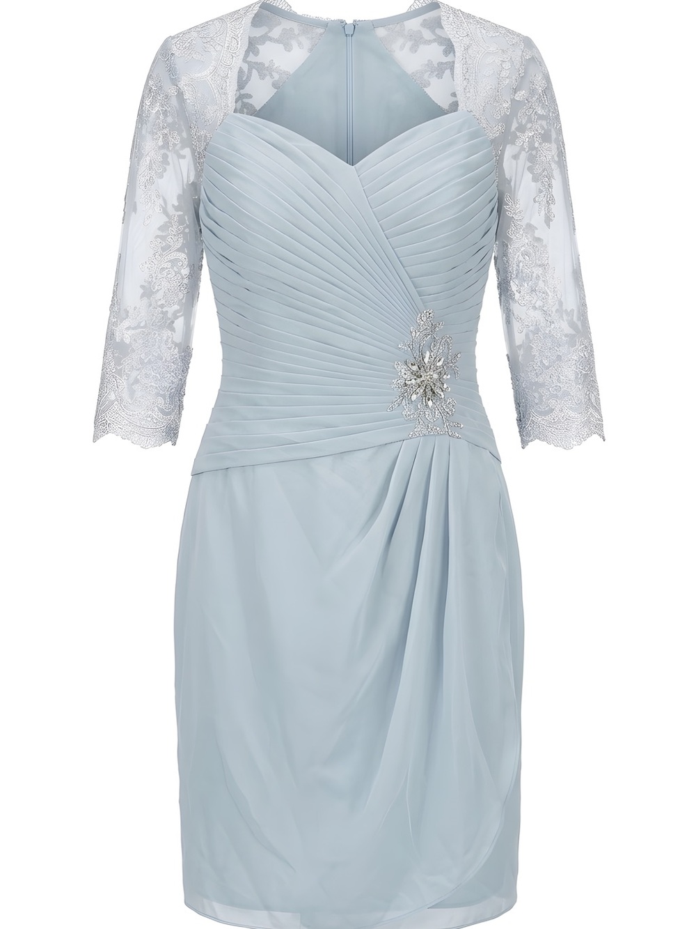 LT LanTing Elegant Light Blue Midi Dress with Lace Three-Quarter Sleeves
